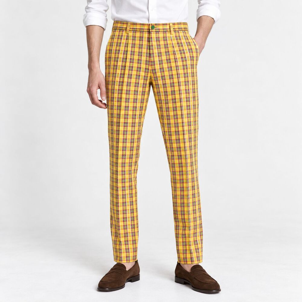Mens 36 Yellow Plaid Seersucker Cotton Slim Fit Flat Front Dress Pants Trousers